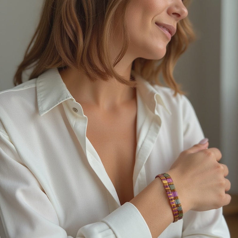 Parure Allegra - détail des couleurs et motifs en perles Miyuki Tila